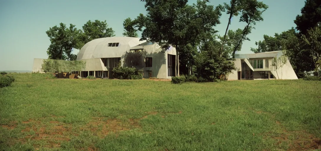 Prompt: farmhouse designed by buckminster fuller. landscape design by salvador dali. fujinon premista 1 9 - 4 5 mm t 2. 9. portra 8 0 0.