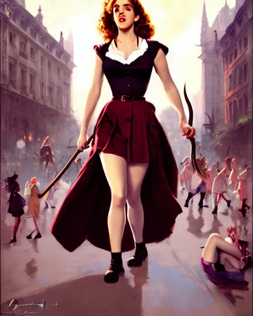 Image similar to pinup photo of hermione granger by emma watson in the crowded square of the city, by greg rutkowski, gil elvgren, enoch bolles, glossy skin, pearlescent, very coherent, flat