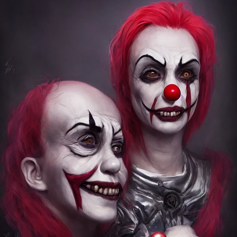 Image similar to hyperrealistic Charlene Gallego as a killer clown from outer space, trending on artstation, portrait, sharp focus, illustration, art by artgerm and greg rutkowski and magali villeneuve