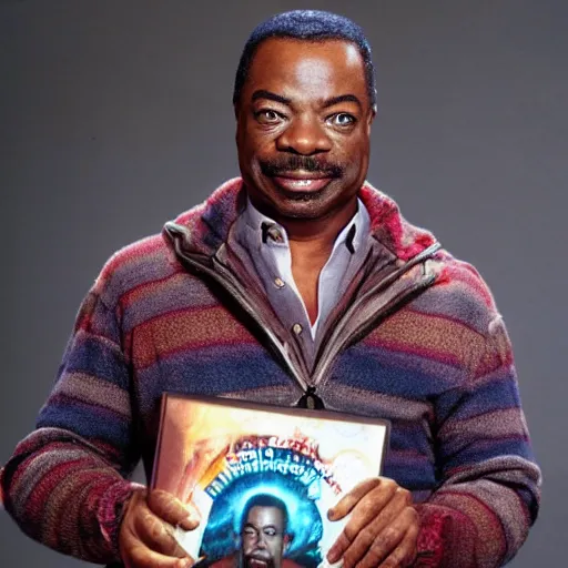 Prompt: LeVar Burton holding the Necronomicon from the Evil Dead for a very special episode of Reading Rainbow, 4k, 8k, photorealistic