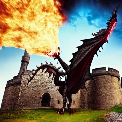 Prompt: massive dragon breathing fire on a medieval castle