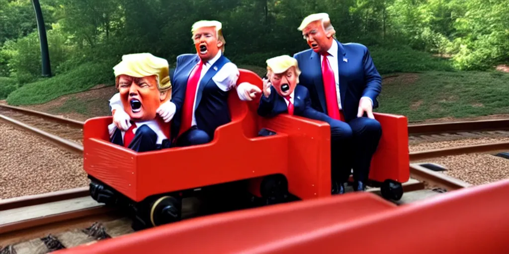 Image similar to a photo of Donald Trump falling off of a kiddy train, crying, taken in Silver Dollar City