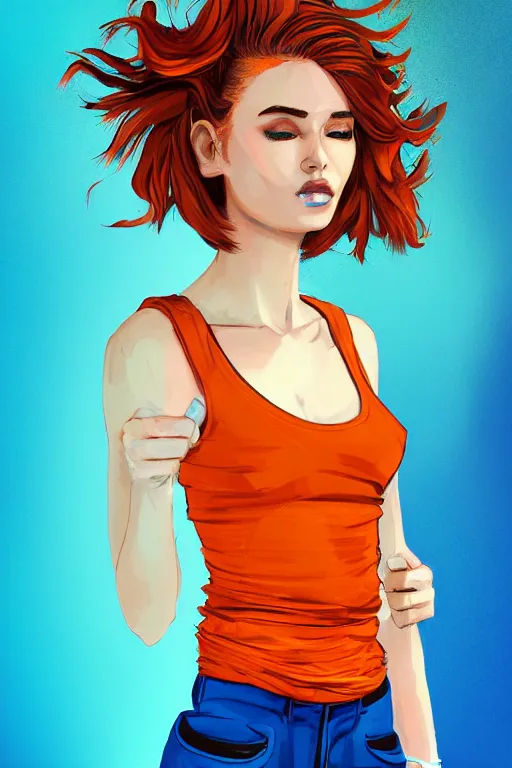 Image similar to a award winning half body portrait of a beautiful caucasian woman in a croptop and cargo pants with ombre orange blue teal hairstyle with head in motion and hair flying by will eisner, outrun, vaporware, digital art, trending on artstation, highly detailed, fine detail, intricate