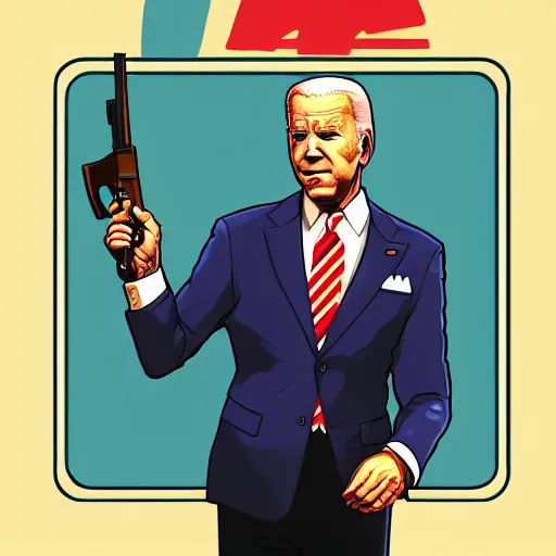 Image similar to illustration gta 5 artwork of joe biden holding a gun, in the style of gta cover art, by stephen bliss