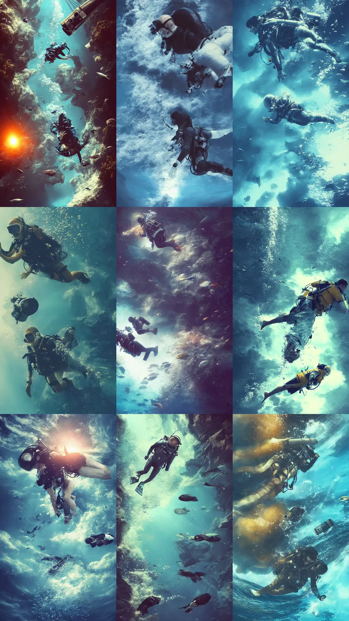 Image similar to astronaut diving underwater, deep sea, waterfall, birds, cinematic, hyper-realistic, high resolution, concept art, artstation