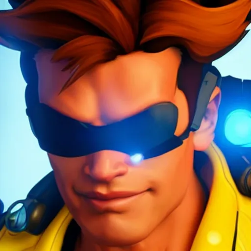Image similar to a screenshot of arnold schwarzenegger as tracer in overwatch