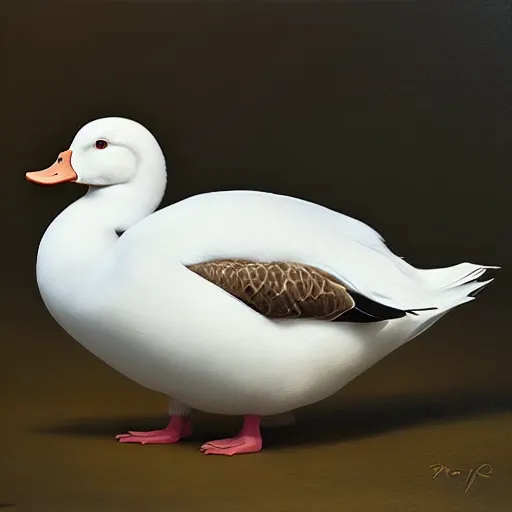 Image similar to cute white round duck, 4 k oil on linen by wlop, artgerm, andrei riabovitchev, nuri iyem, james gurney, james jean, greg rutkowski, highly detailed, soft lighting 8 k resolution