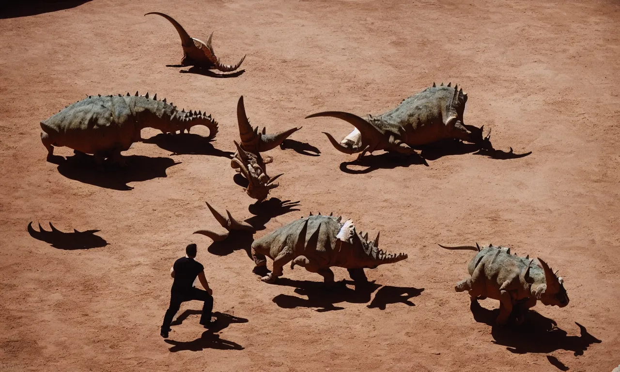 Prompt: a toreador facing off against a horned dinosaur in the plaza de toros, madrid. extreme long shot, midday sun, kodachrome