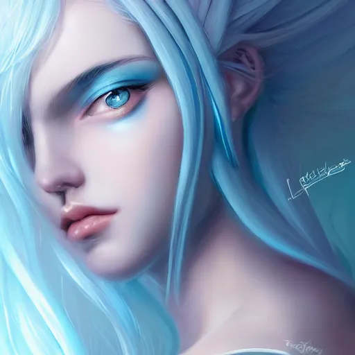 Image similar to teen girl, light blue white hair, gorgeous, amazing, elegant, intricate, ocean, highly detailed, digital painting, artstation, concept art, sharp focus, illustration, art by Ross tran