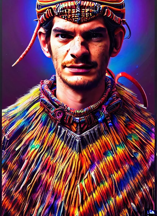 Image similar to portrait of andrew garfield, hyper detailed ultra sharp aztec shaman warrior. trending on artstation, warpaint aesthetic, bloodwave, colorful, psychedelic, ornate, intricate, digital painting, concept art, smooth, sharp focus, illustration, art by artgerm and greg rutkowski and h. r. giger, 8 k