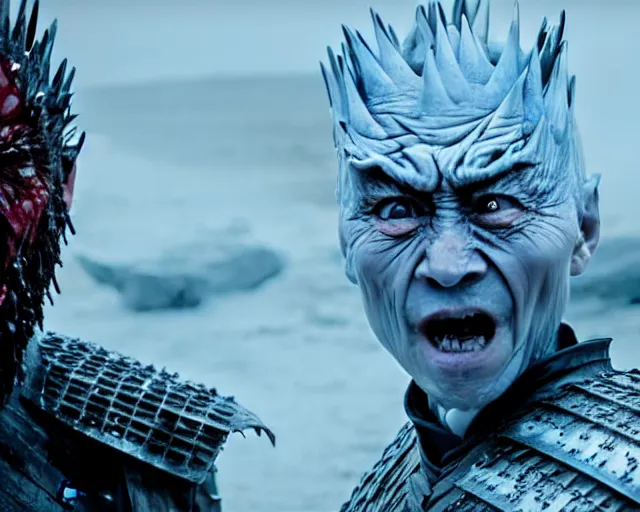 Prompt: ugly - cryer crying ice tears justin sun as night king in game of thrones, stunning tears made of ice, crimson - black bee army behind, 4 k, epic, cinematic, focus, movie still, fantasy, extreme detail, atmospheric, dark colour, sharp focus