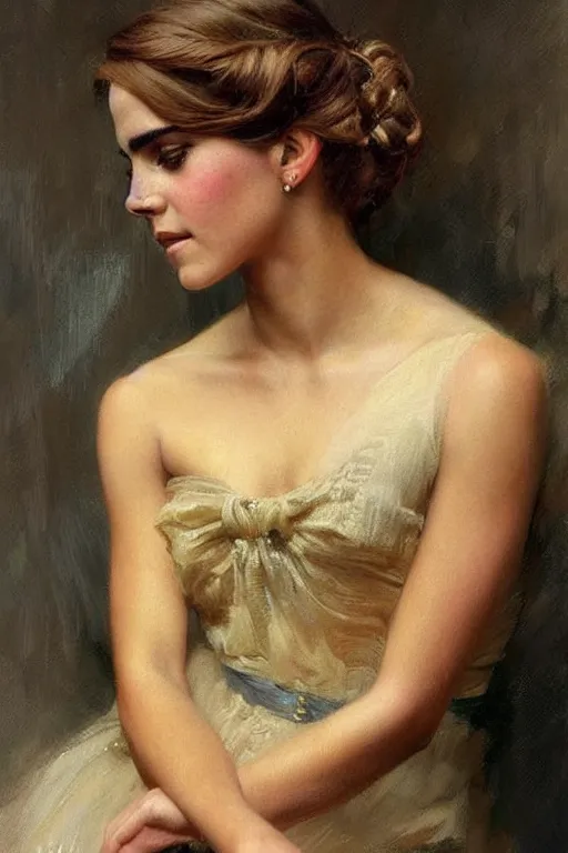 Image similar to detailed portrait of a beautiful emma watson 1 9 7 0 s hairstyle muscular, painting by gaston bussiere, craig mullins, j. c. leyendecker