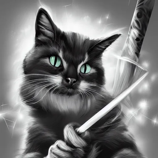 Image similar to fantasy black and white cat holding magic staff, high detail, digital art, concept art, 4k