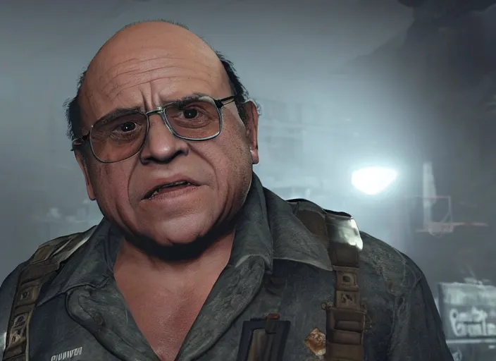 Image similar to video game still of danny devito in the video game resident evil 2,