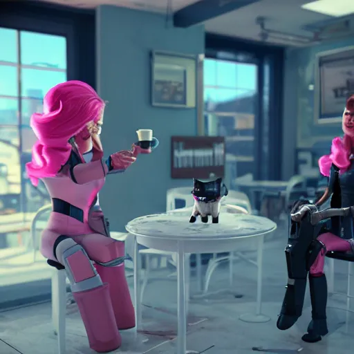 Image similar to captain janeway sharing coffee with a robotic fox with pink hair, inside a french cafe, 3 d render, hdr 8 k octane engine, unreal engine 5