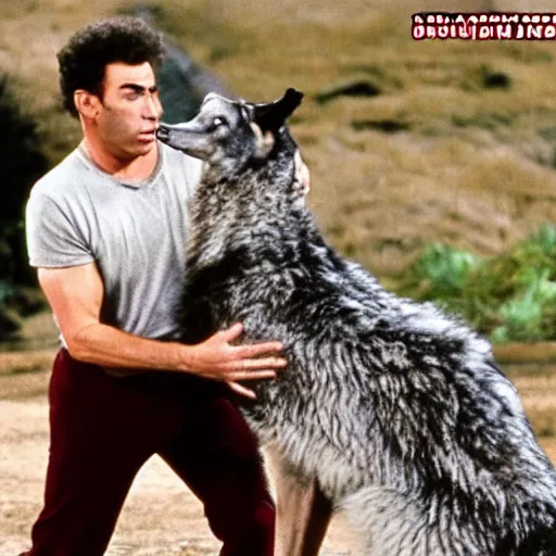 Image similar to That episode of Seinfield where Kramer ends up having to fend off a pack of wolves.