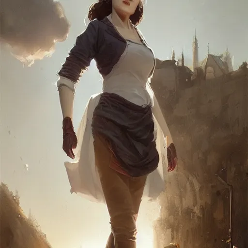 Image similar to a woman wearing a white blouse with short sleeves and hobo gloves, Matte painting , detailed painting, greg rutkowski