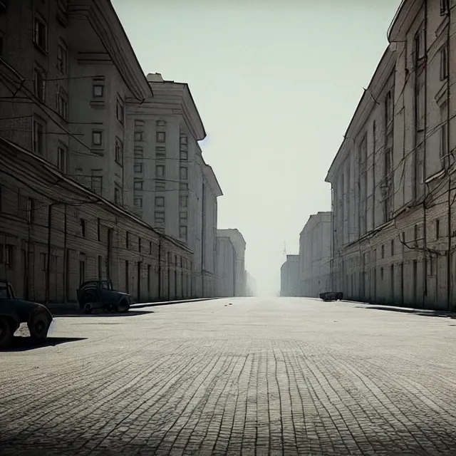 Prompt: empty street soviet city with identical soviet buildings and with a ideal lawn instead of road. no trees. cinematic, cgsociety