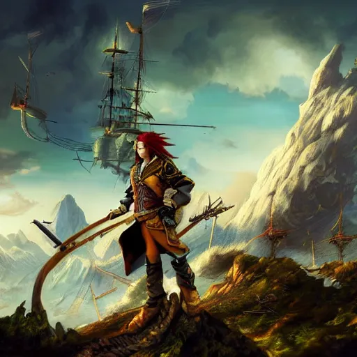 Prompt: male sky-pirate with long red hair standing in front of an airship, high detailed face, realistic, ultra detailed, menacing, powerful, dark, shallow focus, forest, mountains in the background concept art design as if designed by Wētā Workshop