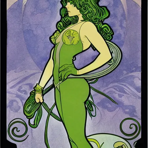 Prompt: art nouveau she hulk by mucha