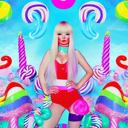 Image similar to kim petras in candyland portrait, eyes closed, album cover