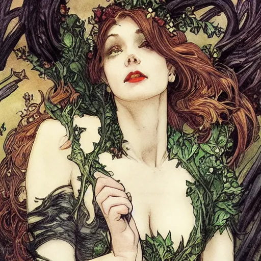 Image similar to a beautiful picture of doctor poison ivy professor of botany and doctor liliana vess professor of demonology having lunch, academic clothing, dark eyeliner, intricate, elegant, highly detailed, digital painting, artstation, concept art, matte, sharp focus, illustration, art by rebecca guay and by arthur rackham and by alphonse mucha and by john william waterhouse