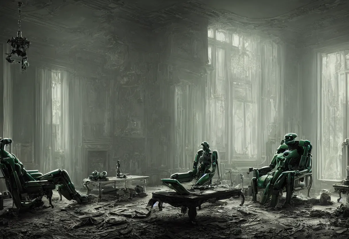 Prompt: An award-winning highly detailed 8k anamorphic closeup cinematic movie photograph of a green and gray futuristic cybertronic robot seated on a fainting couch in front of a roaring fireplace in a post-apocalyptic Victorian home, cold light from the window, with cinematic lighting and lens flare, tall ceiling, octane render, by Simon Stalenhag and Sylvian Boussiron and Gregory Crewdson and Alfonso Cuaron