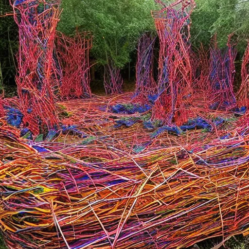 Image similar to A beautiful photograph of a space battle with wild, bright colors. by Patrick Dougherty tired