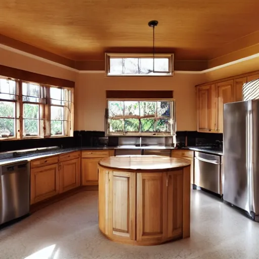 Image similar to kitchen, with cabinets in background, sunrise, large round window,