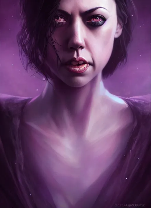 Prompt: stunning beautiful Aubrey Plaza dark witch, purple eyes, evil smile, black magic, realistic character concept, full body, sinister pose, scary magical background, illustration, slender symmetrical face, symmetrical eyes, realistic body, cinematic lighting, hyperdetailed, high resolution, Charlie Bowater, Tom Bagshaw, insanely detailed and intricate