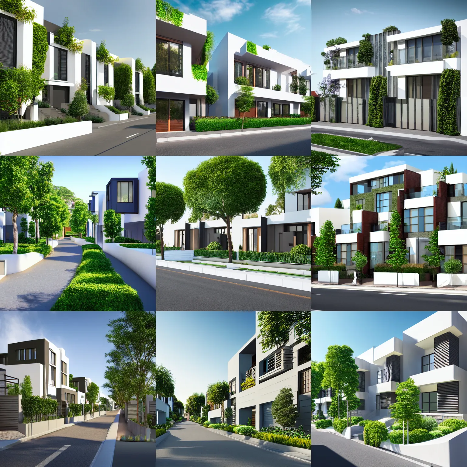 Prompt: render of a street with beautiful modern homes, designed for cozy aesthetics!, energy efficiency and maximizing plants and greenery, cg render, sunny sky light, high resolution, professional