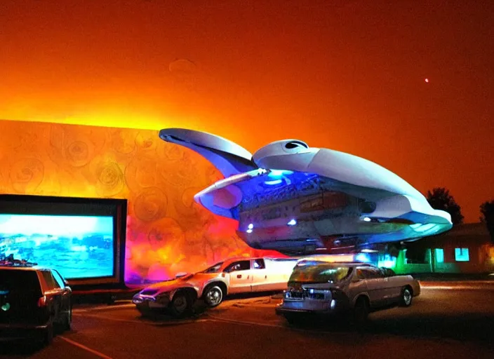 Prompt: Space ship space ship space ship, lazertag, drive in movie theater