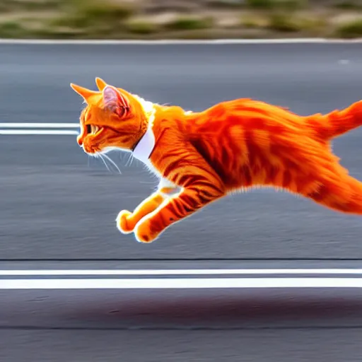 Image similar to a very fast orange cat flying through the road, high definition, beautiful award winning photography, 8 k.