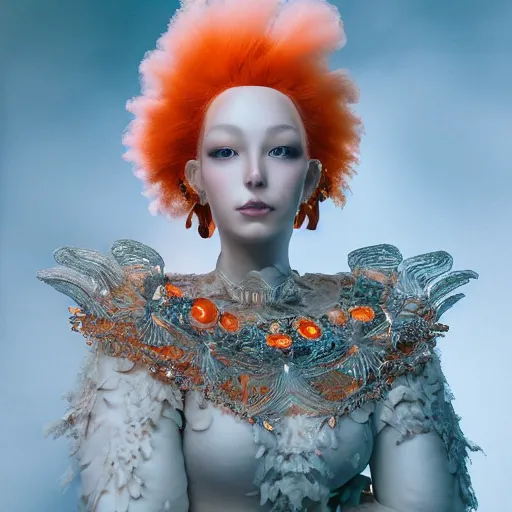 Prompt: a majestic orange - haired woman wearing an intricate and detailed armor made of candy floss. layers. textures. delicate. elaborate. translucent. soft. ethereal. fragile. vulnerable. studio portrait. photorealistic. octane render