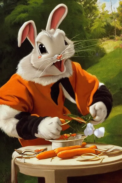 Image similar to bugs bunny, eating a carrot, golden hour, in a garden, artstation, by J. C. Leyendecker and Peter Paul Rubens,