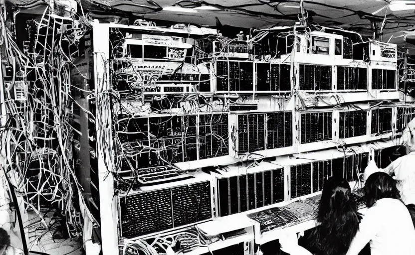 Prompt: mayans worshipping an occult supercomputer, black and white photography