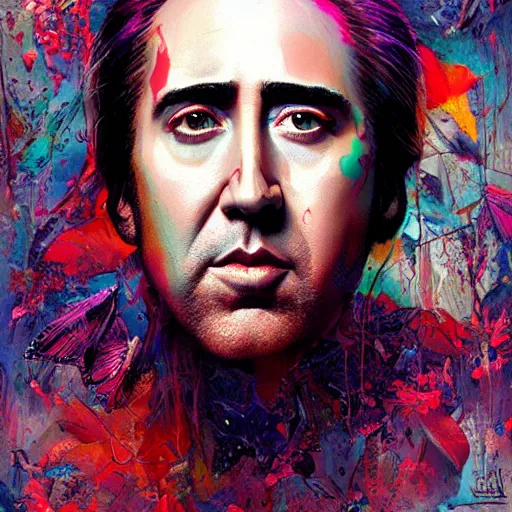 Image similar to beautiful portrait of Nic Cage by Tristan Eaton and Stanley Artgerm and Tom Bagshaw, Greg Rutkowski Carne_Griffiths