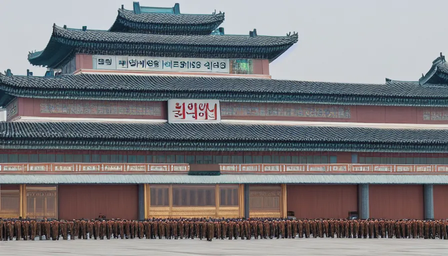 Image similar to 2010s movie still of empty north-korean royal restaurant palace, Leica SL2 50mm, high quality, higly detailed