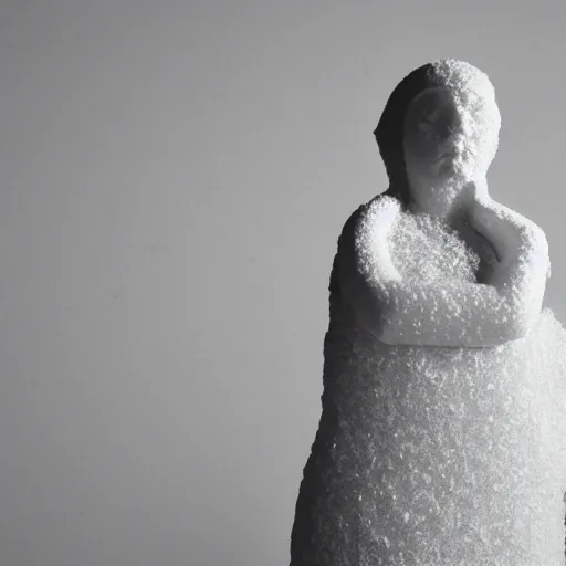 Image similar to salt sculpture made of salt shaped like a 30 year old woman in ancient Canaanite clothing, cracked desert background. somber. haunting. 40mm lens, shallow depth of field, split lighting