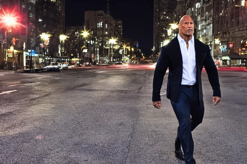 Image similar to Dwayne Johnson on the street in the night, bright lighting, high quality, ultra detailed , full body