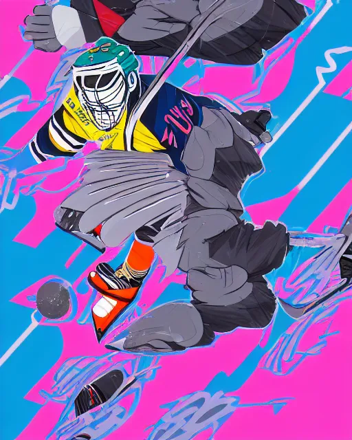 Image similar to pigeon!!! playing ice hockey, anime style, hyper detail, crisp linework, colorful mixed media, a brutalist designed, vivid colours, cryptic, mystical, pop surrealism by james jean, roby dwi antono, ross tran, steven kenny, paul neberra, ashley wood, atmospheric, trending on artstation. 8 k masterpiece.