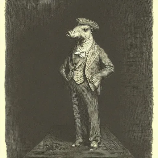 Image similar to a pig in a tuxedo, dark, high detail, dramatic light, drawing gustave dore