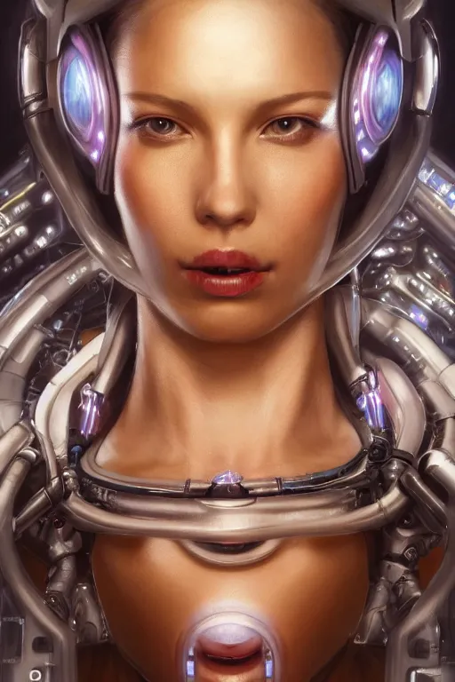 Image similar to a realistic detailed beautiful portrait of a cybernetic woman,glowing orb in her mouth, cyberpunk concept art, digital art, highly detailed, intricate, sci-fi, sharp focus, Trending on Artstation HQ, deviantart, unreal engine 5, 4K UHD image, hyperrealistic, photorealistic, art by artgerm and greg rutkowski and alphonse mucha