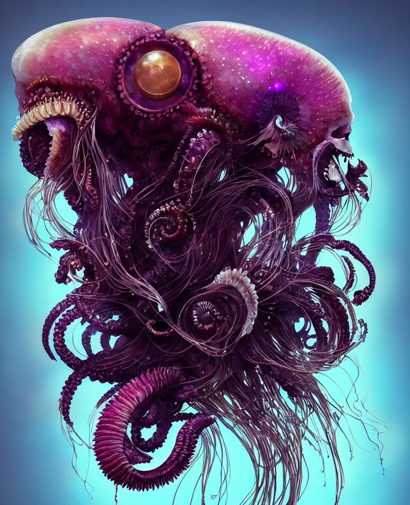 Image similar to goddess close-up portrait ram skull. eyes. jellyfish phoenix head, nautilus, orchid, skull, betta fish, bioluminiscent creatures, intricate artwork by Tooth Wu and wlop and beeple. octane render, trending on artstation, greg rutkowski very coherent symmetrical artwork. cinematic, hyper realism, high detail, octane render, 8k