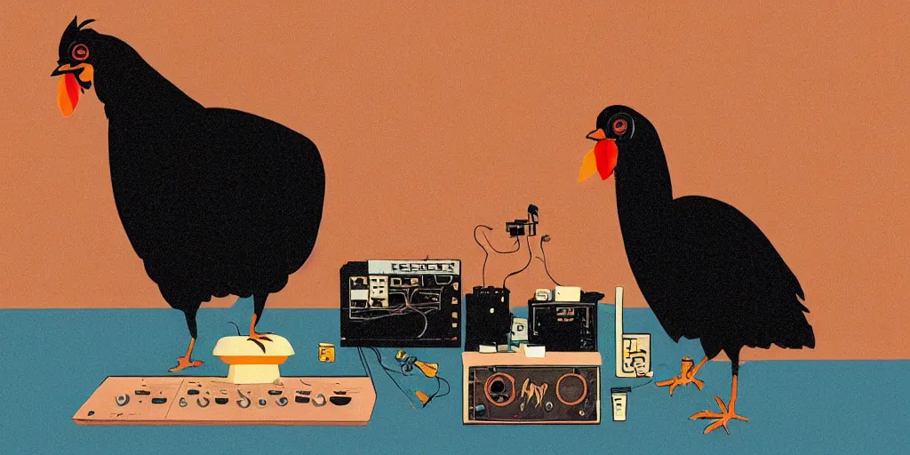 Prompt: 'black chicken'!!!! smoking 'cannabis'!!!!!! in front of 'audio console'!!! and 'multi monitors'!!! 'in a hi-tech tv broadcasting studio'!!!, artwork by James Gilleard