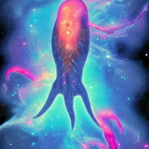 Prompt: a giant glowing blue squid with big eyes is swimming through the beautiful nebula in space. detailed, colourful.