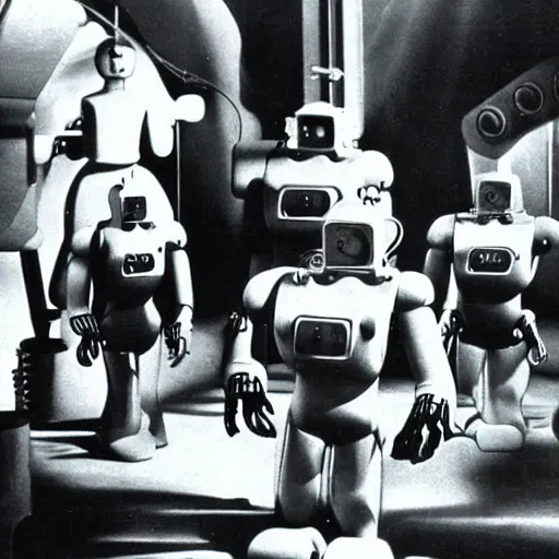 Prompt: scene from a 1940 science fiction film about robots