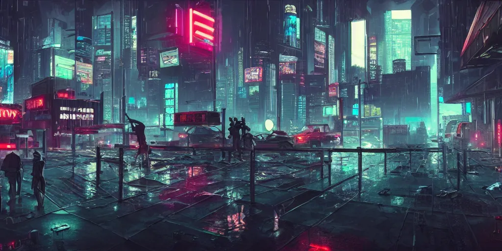 Prompt: a cyberpunk bank heist, concept art, ultra realistic, 8 k, painting, highly detailed, sci - ci, neon, rain, guns, firearms, robbery