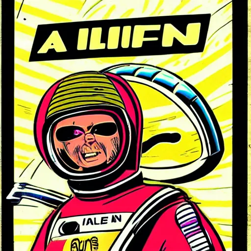 Prompt: male alien racing drivers, space, comic, racers, retro, 70s, alien