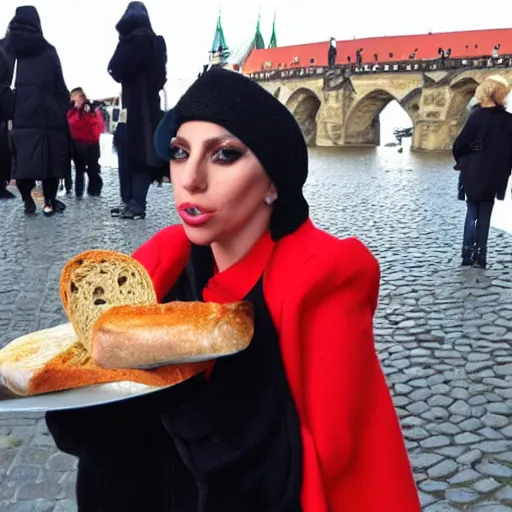 Image similar to Lady Gaga eating bread on Charles Bridge